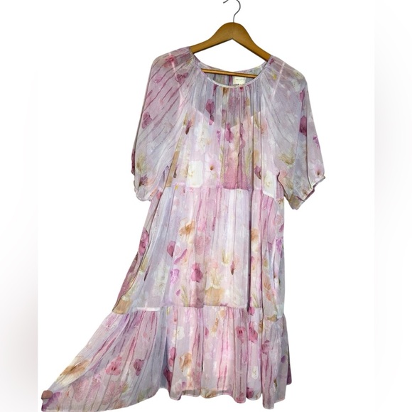 Melloday Pink Floral Tiered Mini Dress Boho Blouson Sleeve NWT Women’s M - Picture 4 of 7